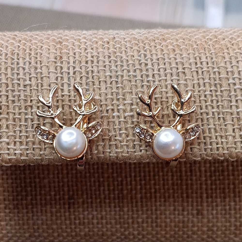 Gold Tone Faux Pearl Reindeer Clip Christmas Earrings
